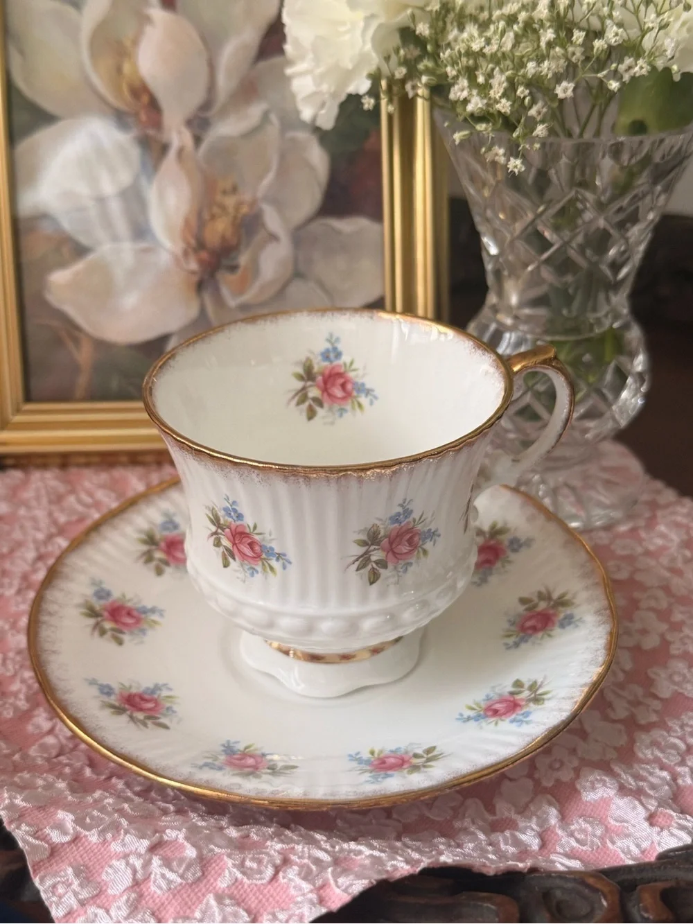 Vintage White Porcelain Teacup and Saucer with Pink Rose Pattern and Gold Trim